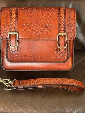 Embossed Leather Crossbody Bag in Cognac Brown